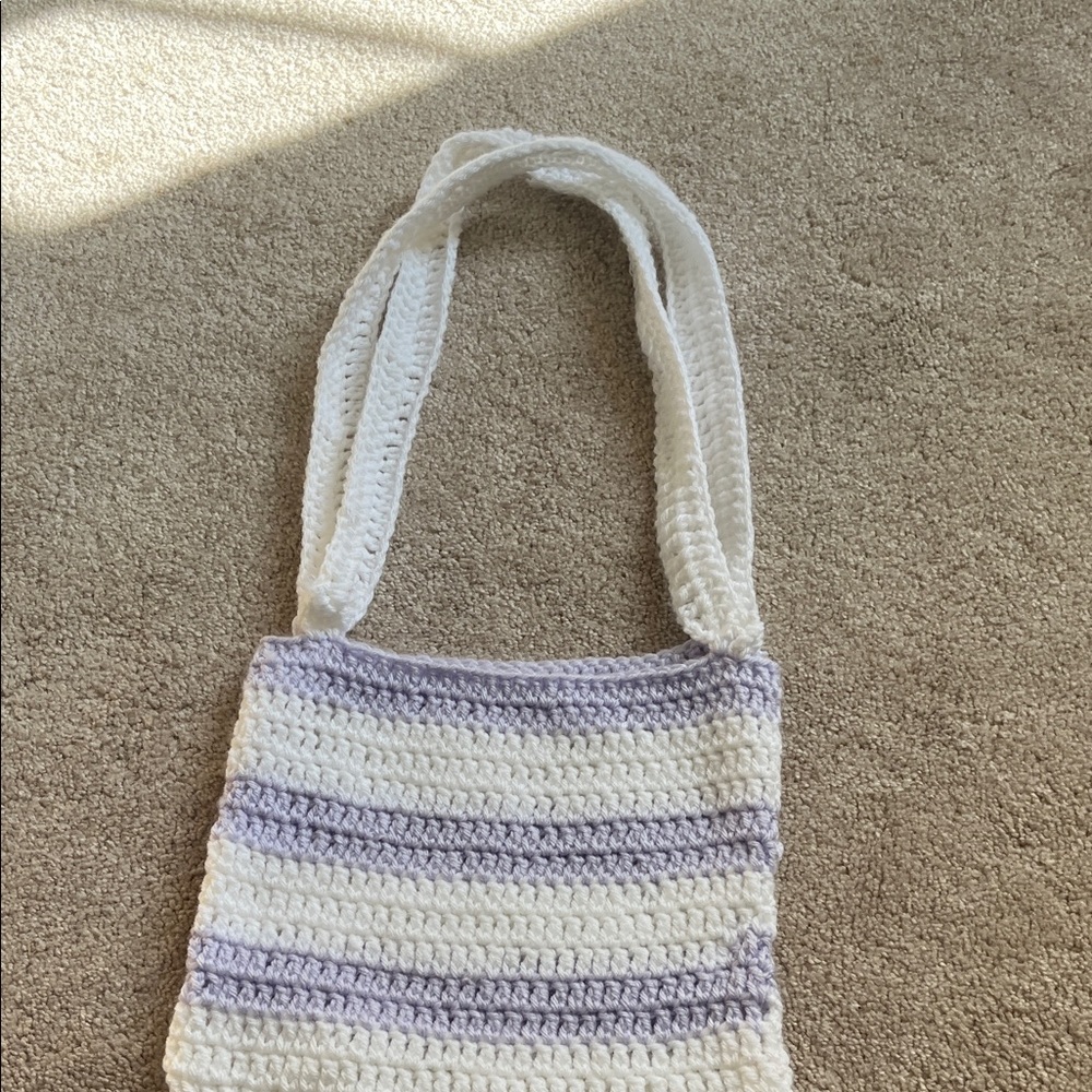 Stylish White and Purple Crochet Bag